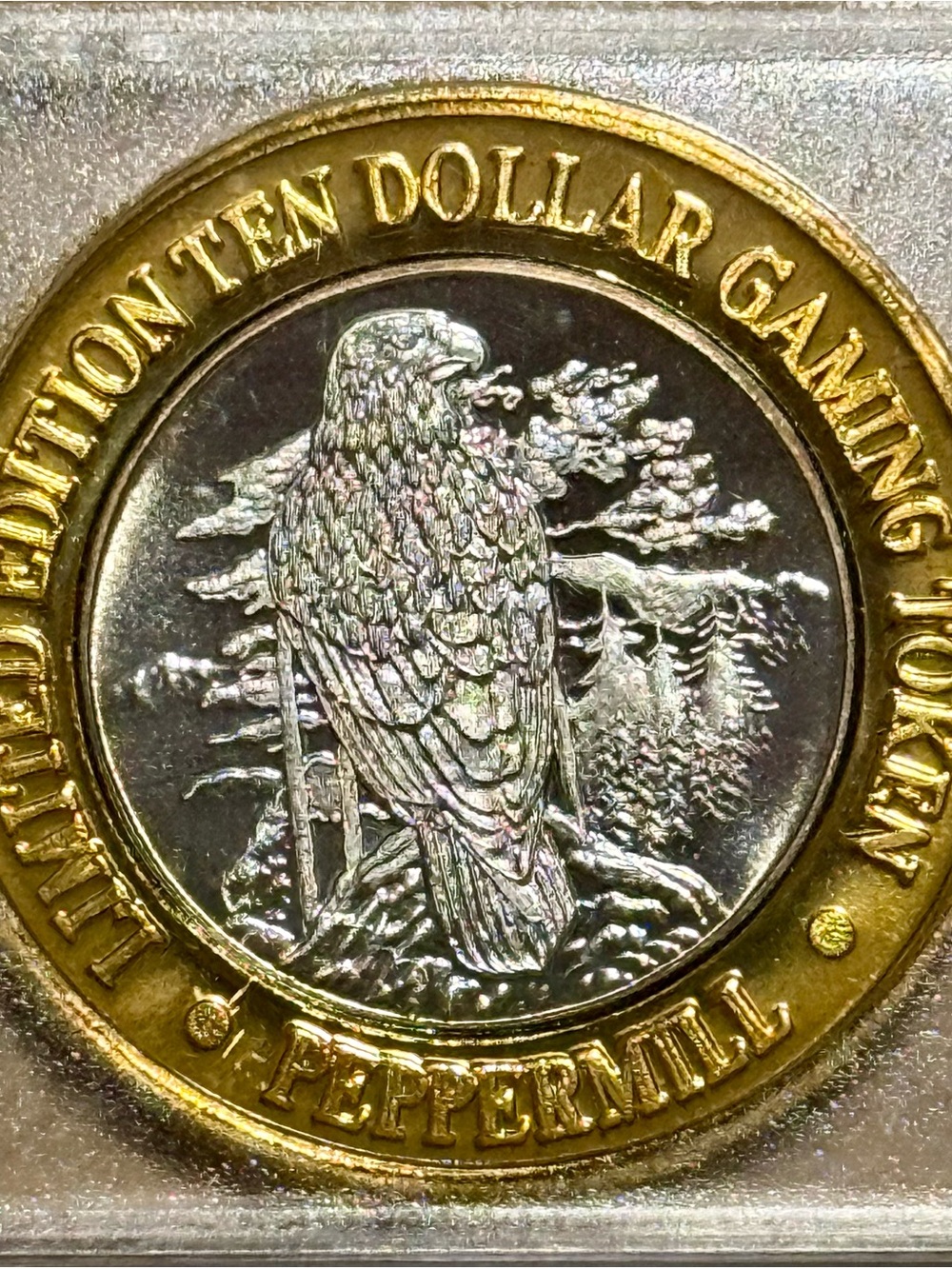 1995 Peppermill Casino Silver 10 Dollar Gaming Token • Bald Eagle in Capsule
